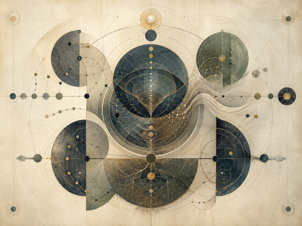 Abstract institutional illustration of story, myth, and meaning shown through geometric circles, spirals, networks, branching forms, symbolic nodes, and layered mathematical structures.