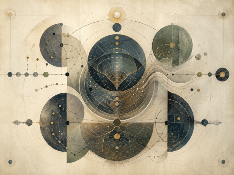 Abstract institutional illustration of story, myth, and meaning shown through geometric circles, spirals, networks, branching forms, symbolic nodes, and layered mathematical structures.