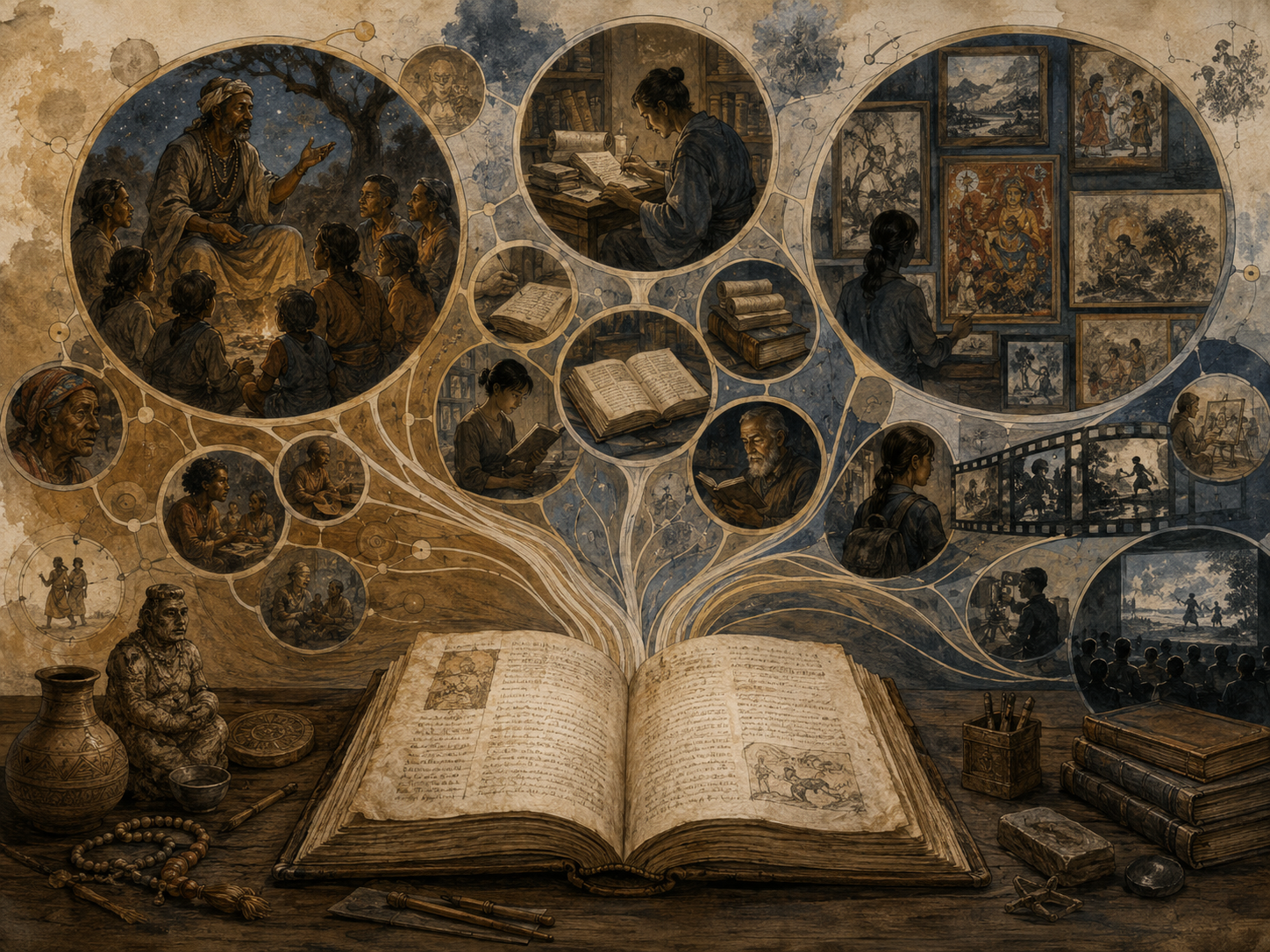 Editorial illustration of an open manuscript branching into oral storytelling, written literature, visual art, manuscripts, film, and shared cultural memory.