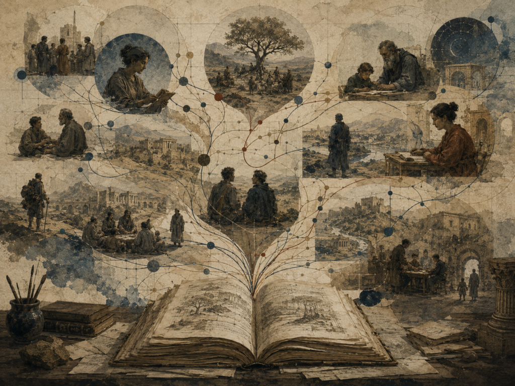 Editorial illustration of an open manuscript branching into connected scenes, pathways, human figures, and symbolic nodes across time.