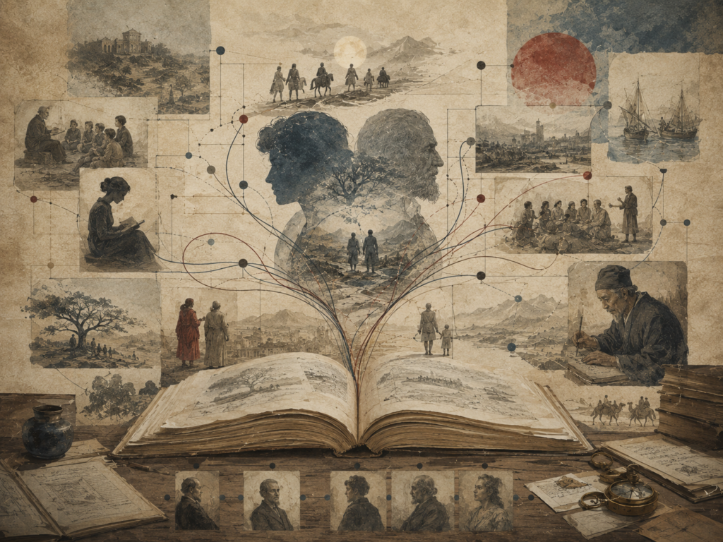 Editorial illustration of an open manuscript unfolding into connected narrative panels, symbolic threads, human figures, and knowledge pathways.