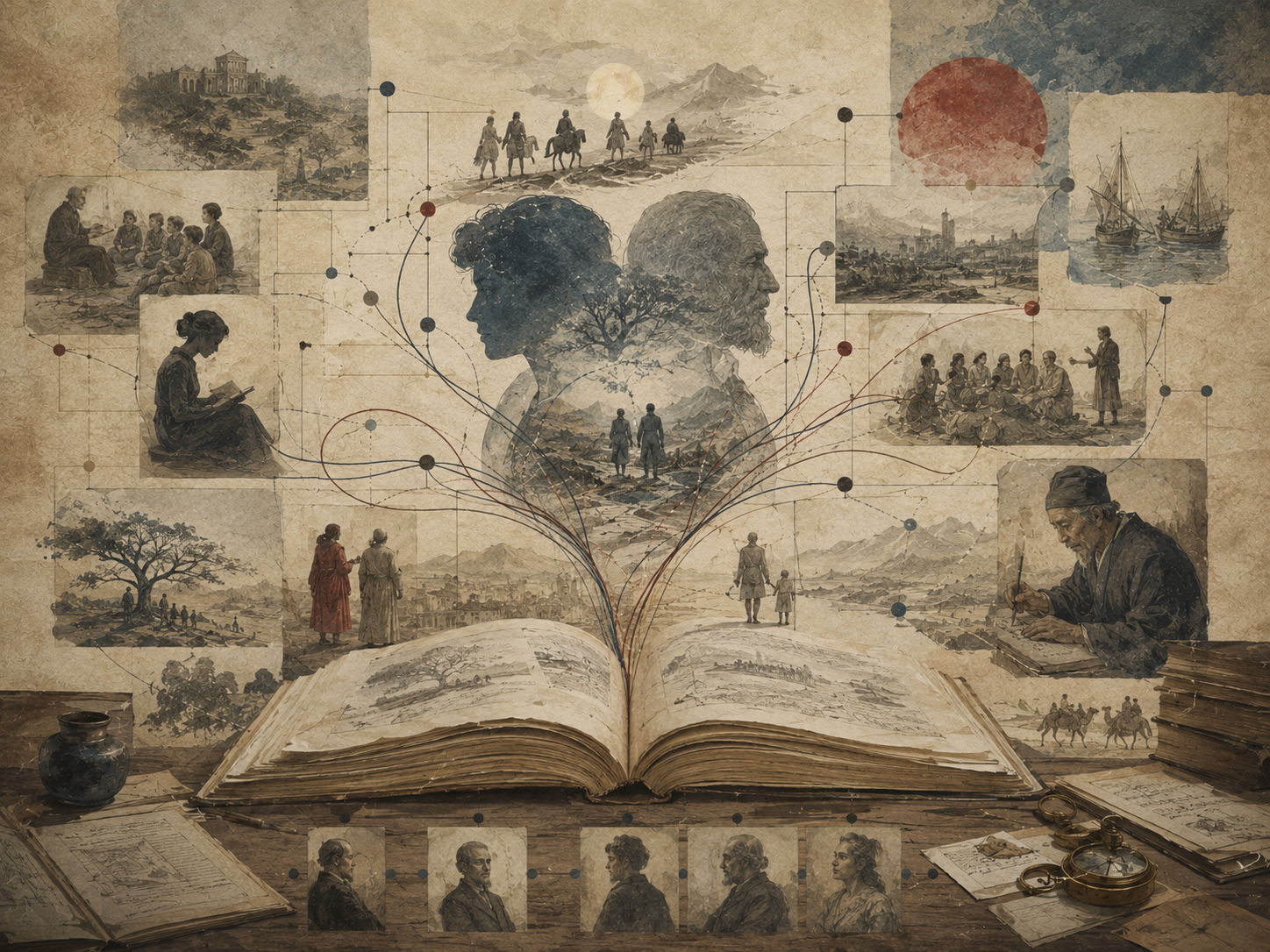 Editorial illustration of an open manuscript unfolding into connected narrative panels, symbolic threads, human figures, and knowledge pathways.