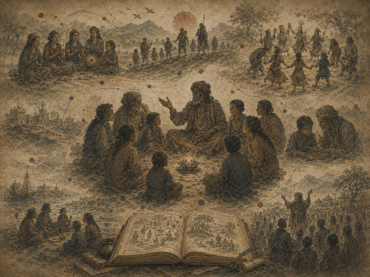 Editorial illustration of an elder storyteller speaking to an intergenerational circle, surrounded by scenes of song, ritual, teaching, travel, and communal memory.