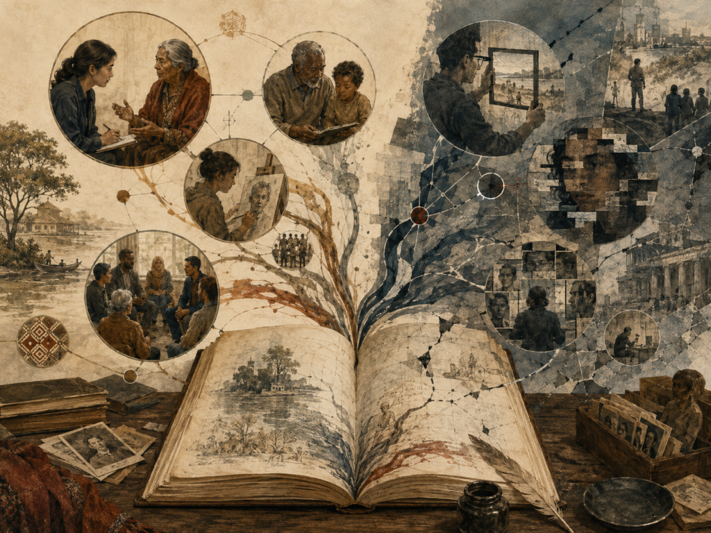 Editorial illustration of an open manuscript split between careful listening, portraiture, community dialogue, fragmented memory, and contested representation.