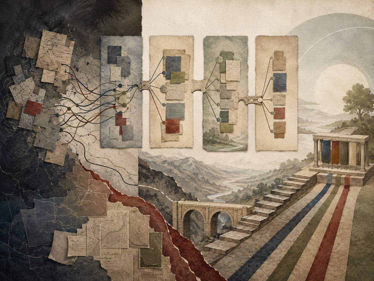 Restrained editorial illustration of storytelling frameworks, transformation arcs, audience movement, narrative structure, ethical decision points, evidence layers, and action pathways without text or labels.