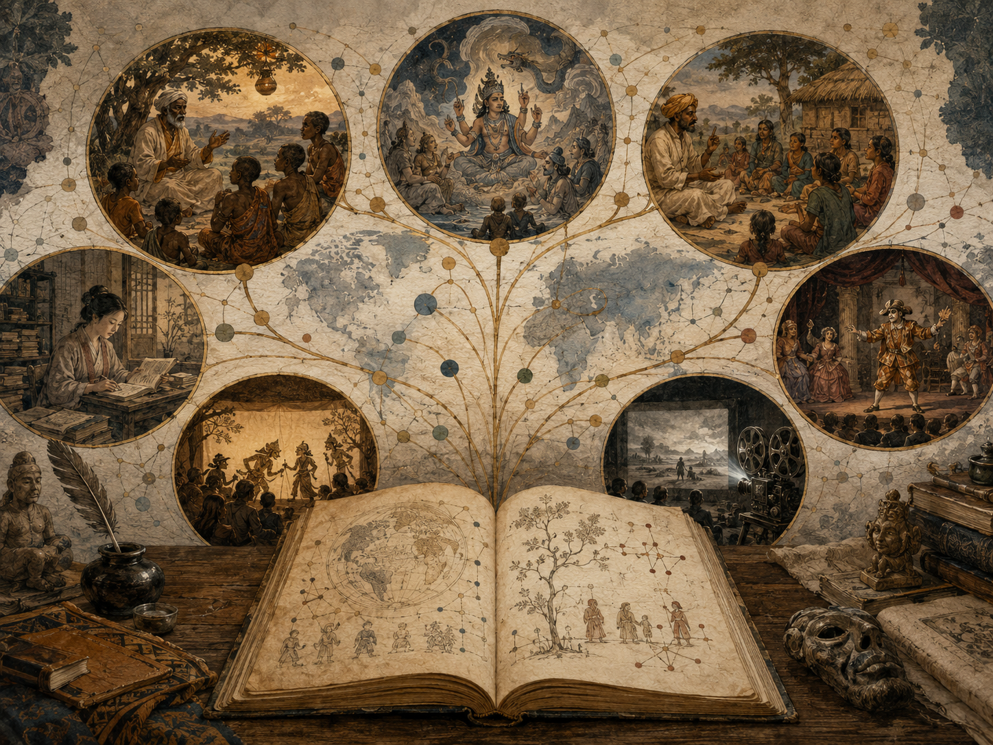 Editorial illustration of an open manuscript connecting global storytelling traditions, oral gatherings, sacred narratives, theater, shadow puppetry, literature, film, and comparative story networks.