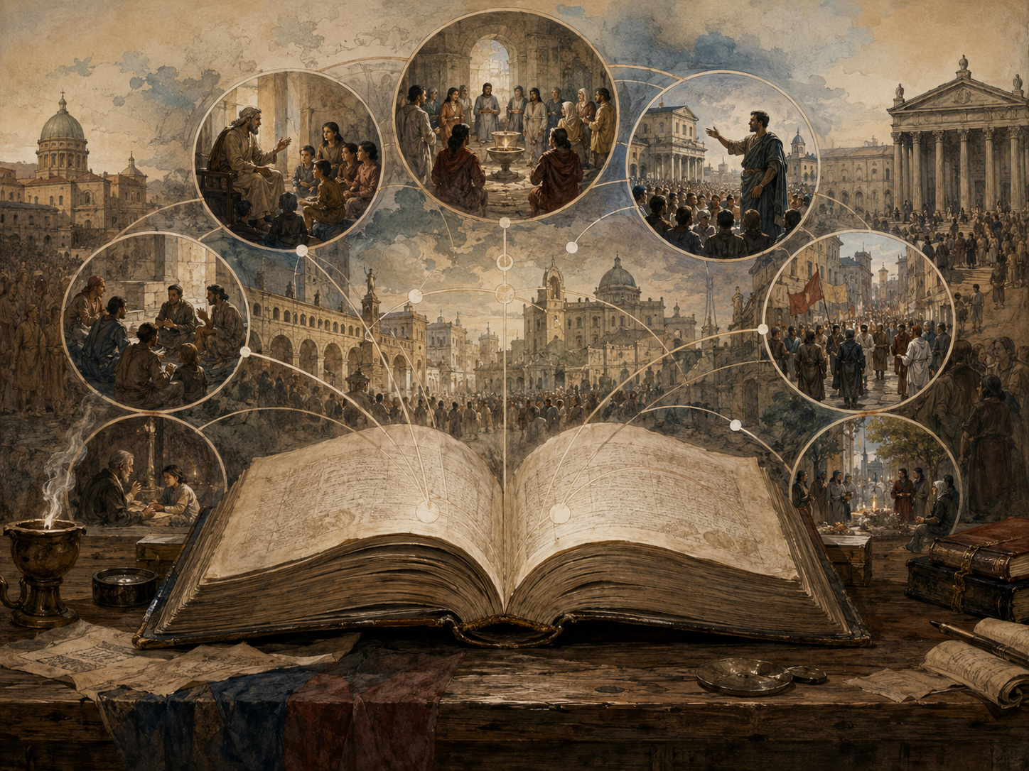 Editorial illustration of an open manuscript connecting scenes of religious teaching, civic speech, public ritual, political gathering, and communal debate.