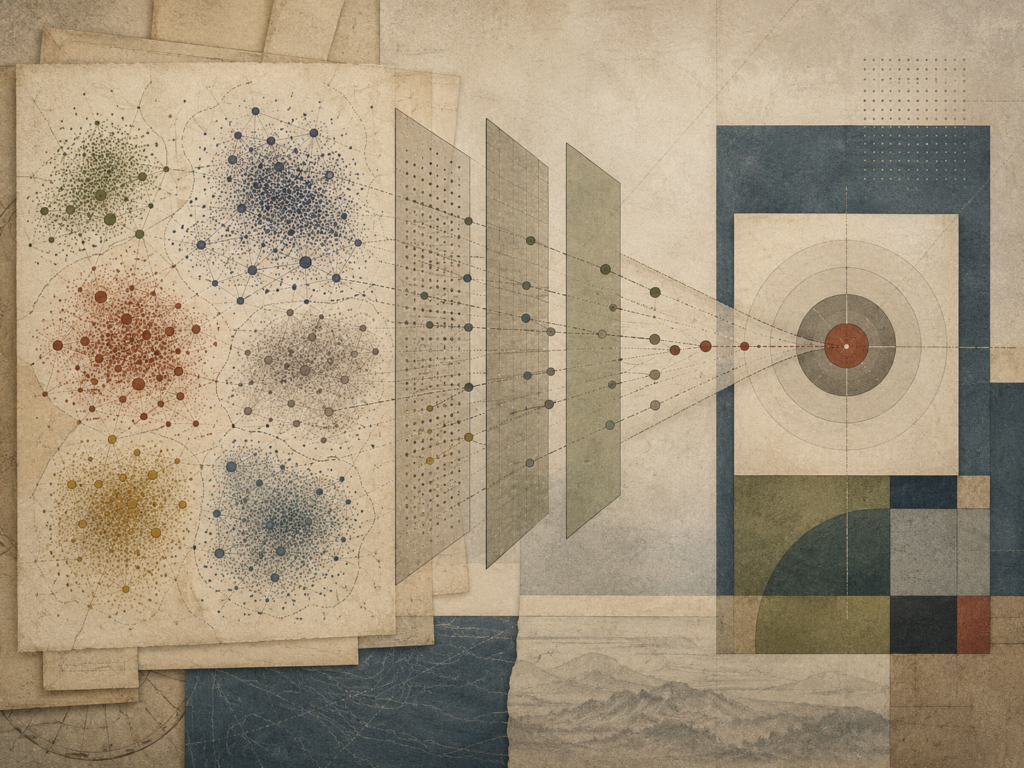 Abstract institutional illustration of audience segments, filtering layers, converging pathways, and a target-like positioning structure representing segmentation, targeting, and positioning.