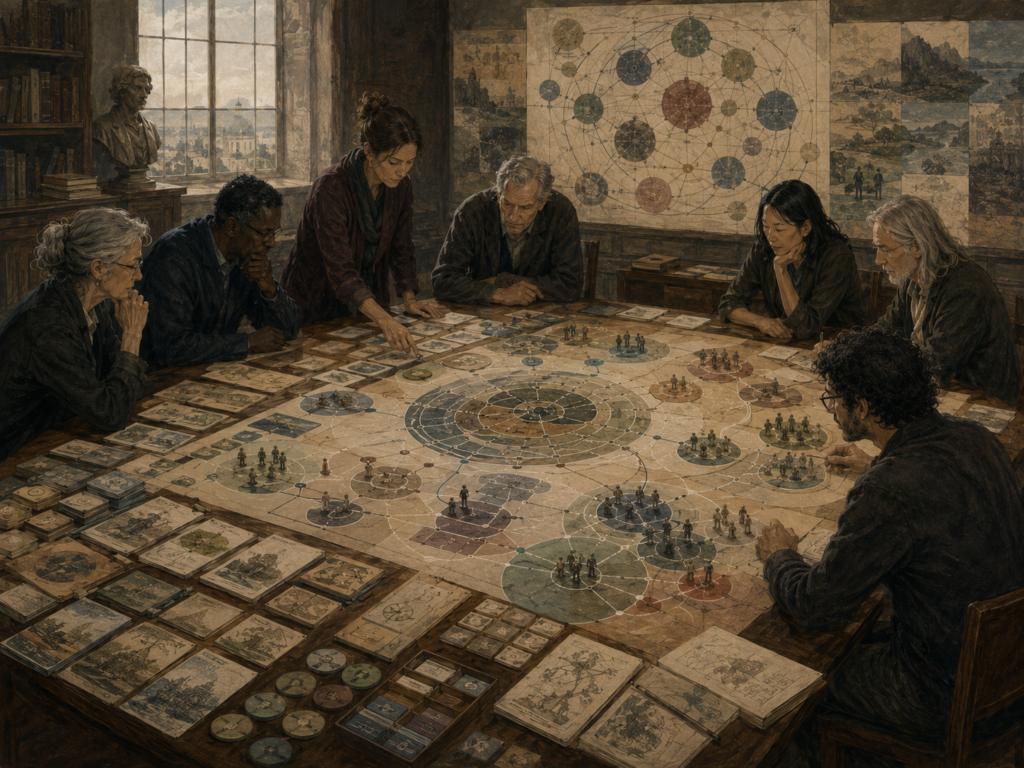 Strategists organize communication pathways, concept maps, stakeholder scenes, message structures, and coherence markers on a large institutional planning table.