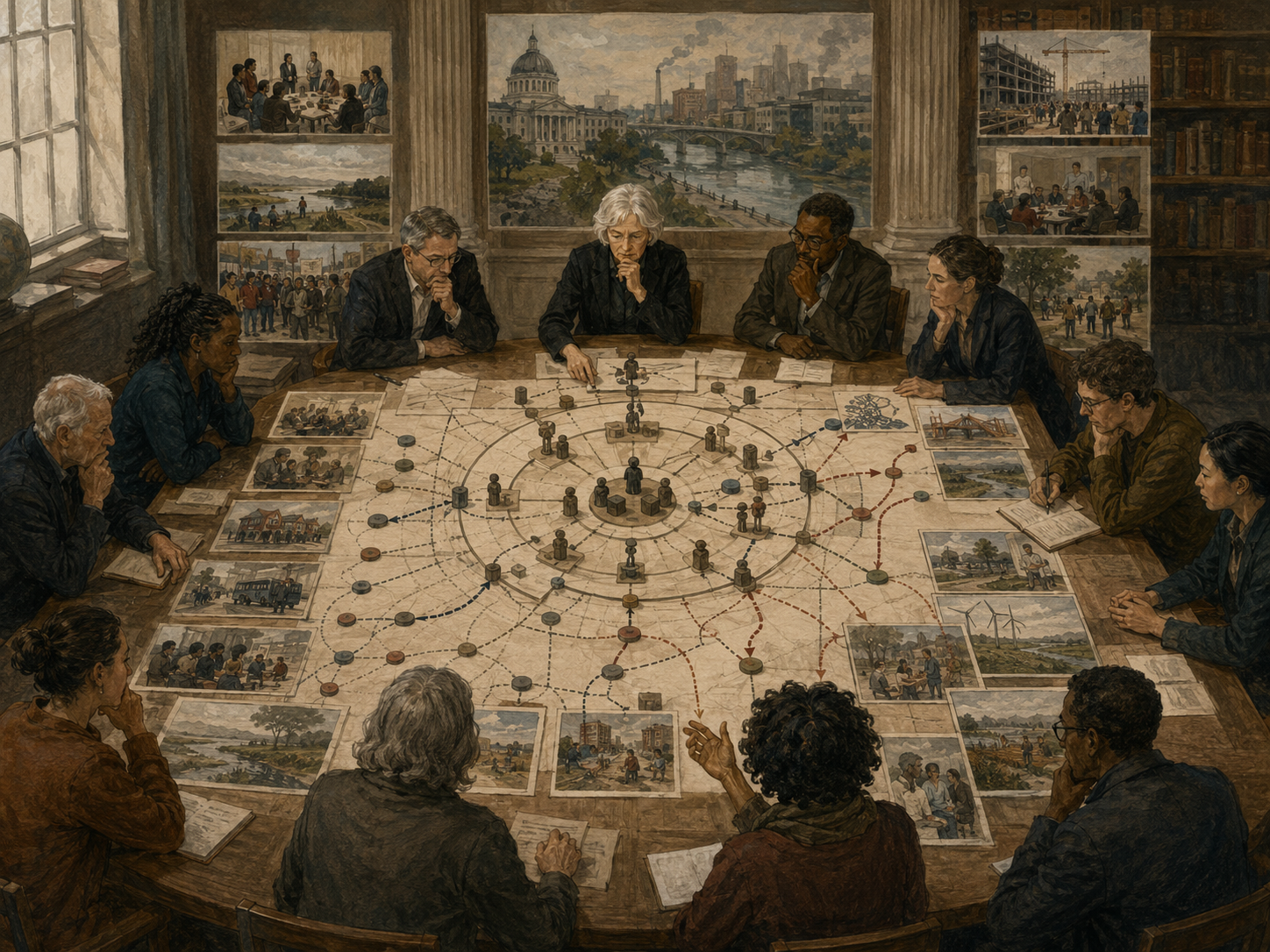 Researchers, planners, officials, and community representatives examine institutional power structures, stakeholder pathways, civic scenes, and strategic idea networks around a large planning table.