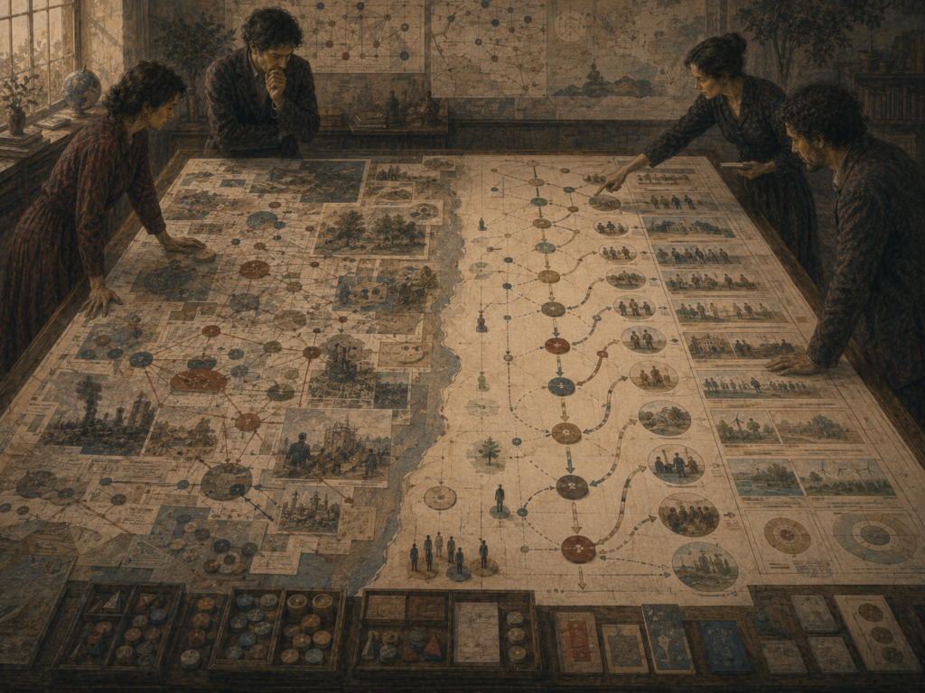 Strategists study layered maps, narrative pathways, stakeholder scenes, directional arcs, and future-oriented planning sequences on a large institutional table.