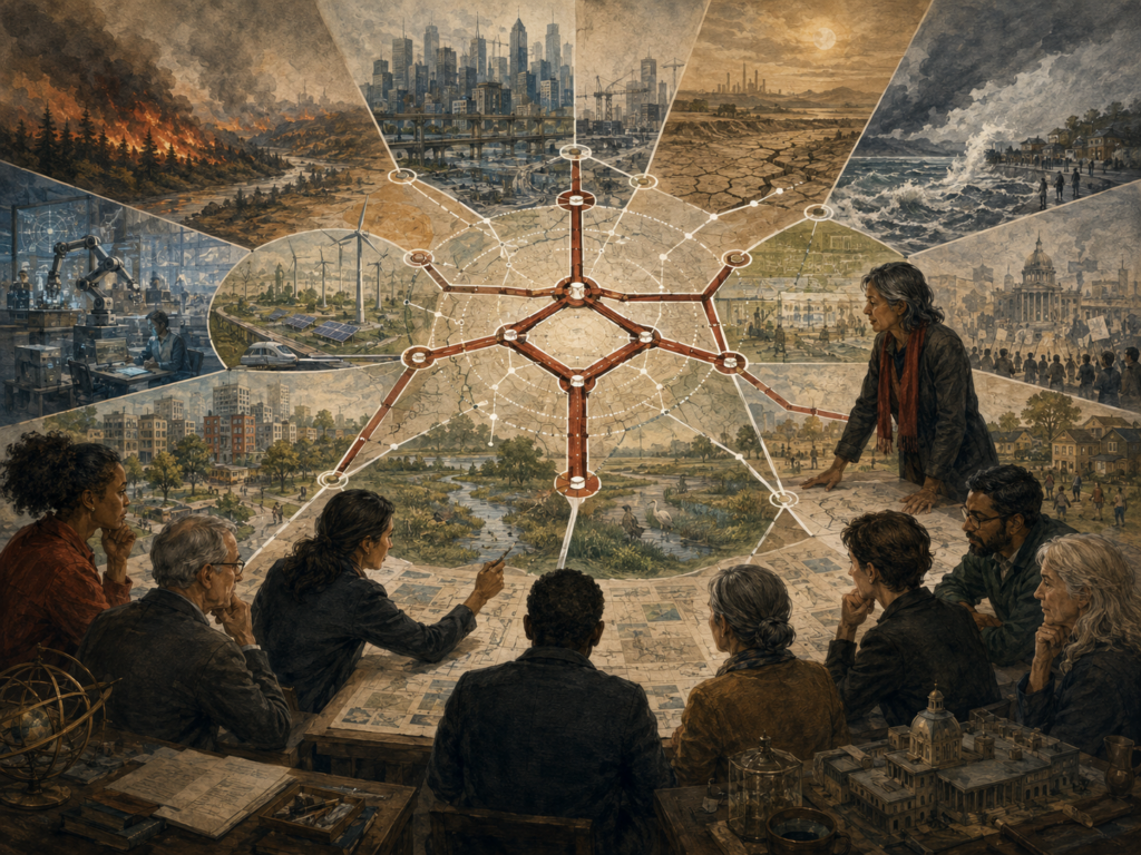 A foresight group evaluates robust strategies across multiple future scenarios involving climate disruption, infrastructure stress, governance, technology, and ecological change.