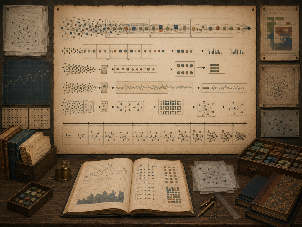 A restrained scholarly illustration of an antique data analysis workspace with flowing streams of symbolic inputs, filtering windows, summary sketches, timelines, charts, notebooks, punched cards, and archival tools representing streaming algorithms and real-time data.