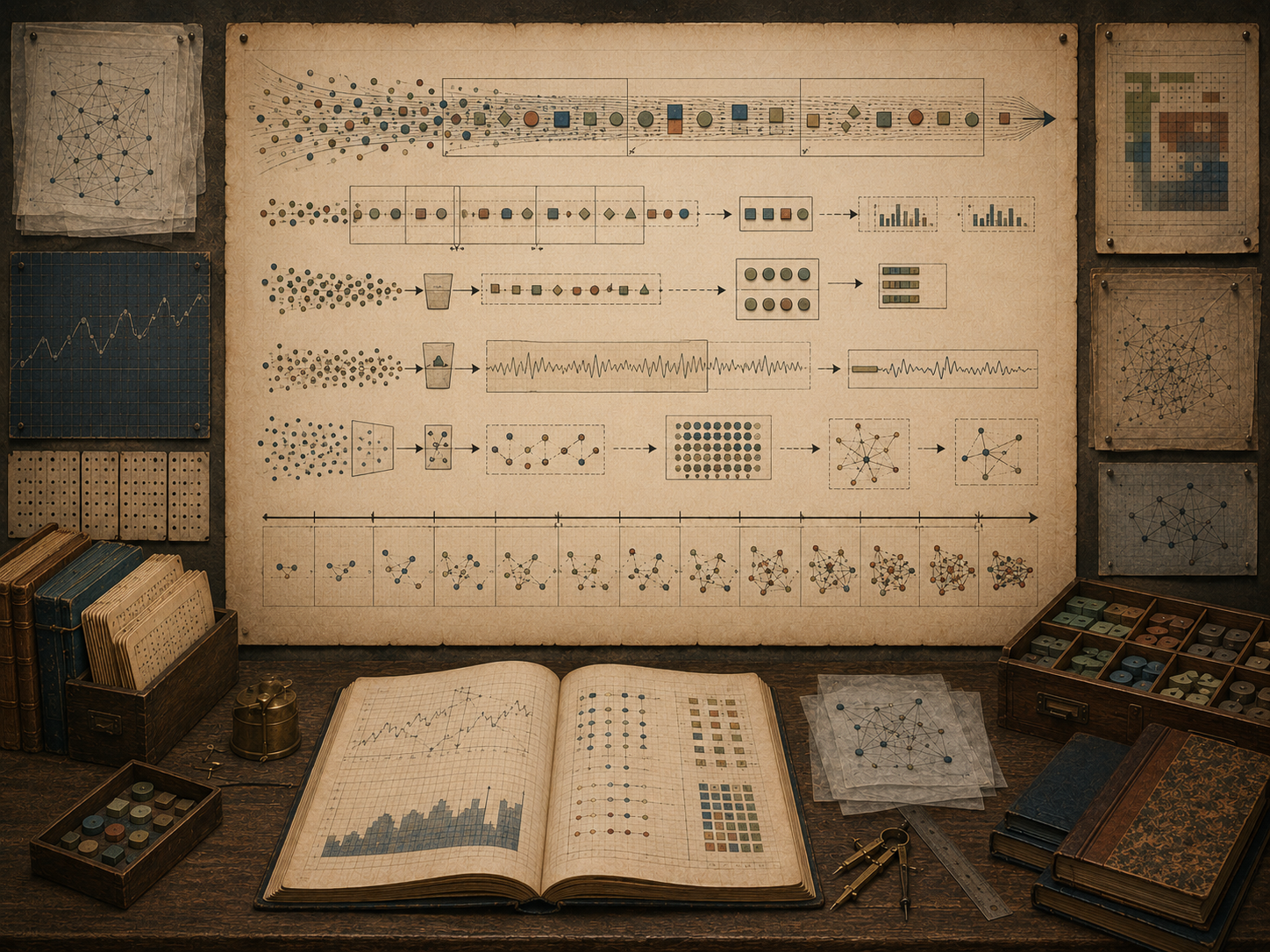 A restrained scholarly illustration of an antique data analysis workspace with flowing streams of symbolic inputs, filtering windows, summary sketches, timelines, charts, notebooks, punched cards, and archival tools representing streaming algorithms and real-time data.