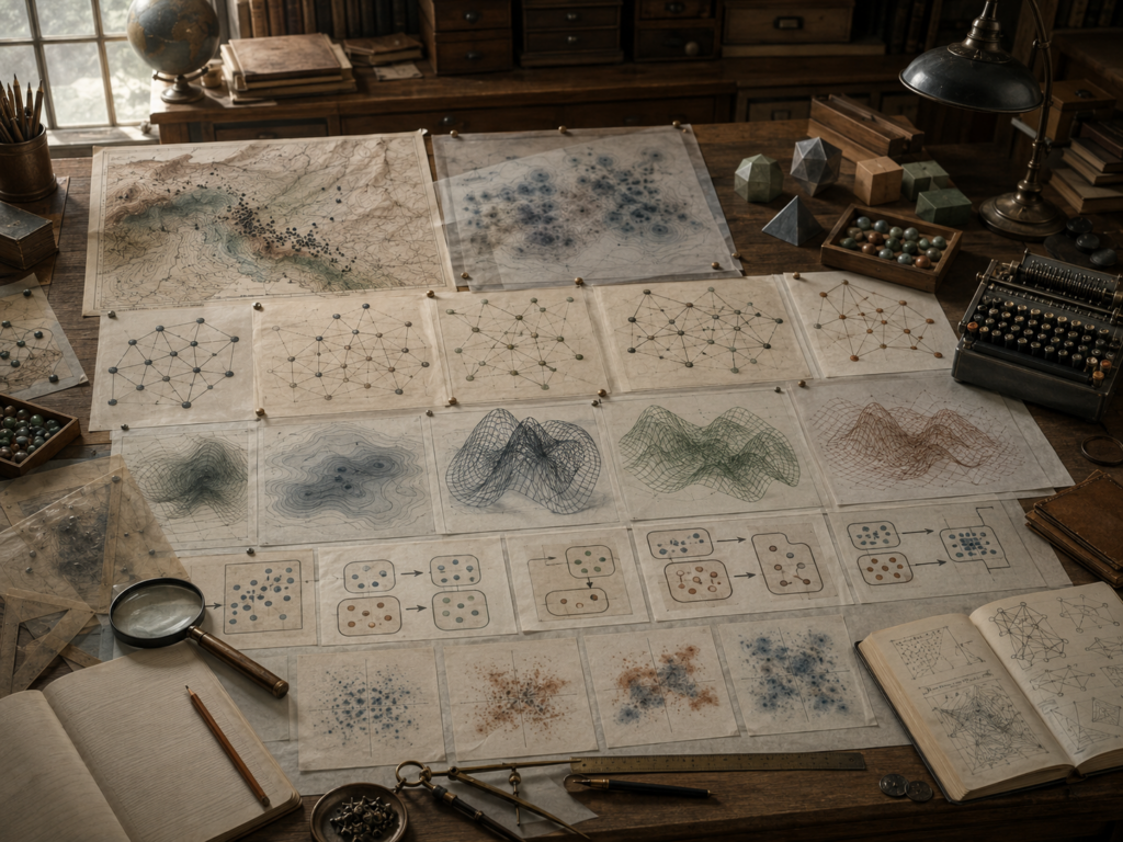 Editorial illustration of a scholarly modeling desk comparing alternative model structures, uncertainty clouds, network diagrams, surface forms, and error patterns.