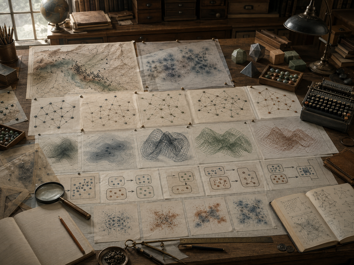 Editorial illustration of a scholarly modeling desk comparing alternative model structures, uncertainty clouds, network diagrams, surface forms, and error patterns.
