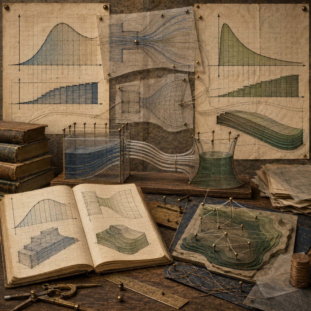 Archival mathematical workspace with transformed shaded-area graphs, flowing transparent channels, warped surfaces, layered accumulation models, notebooks, drafting tools, and pinned diagrams representing substitution and transformed accumulation.