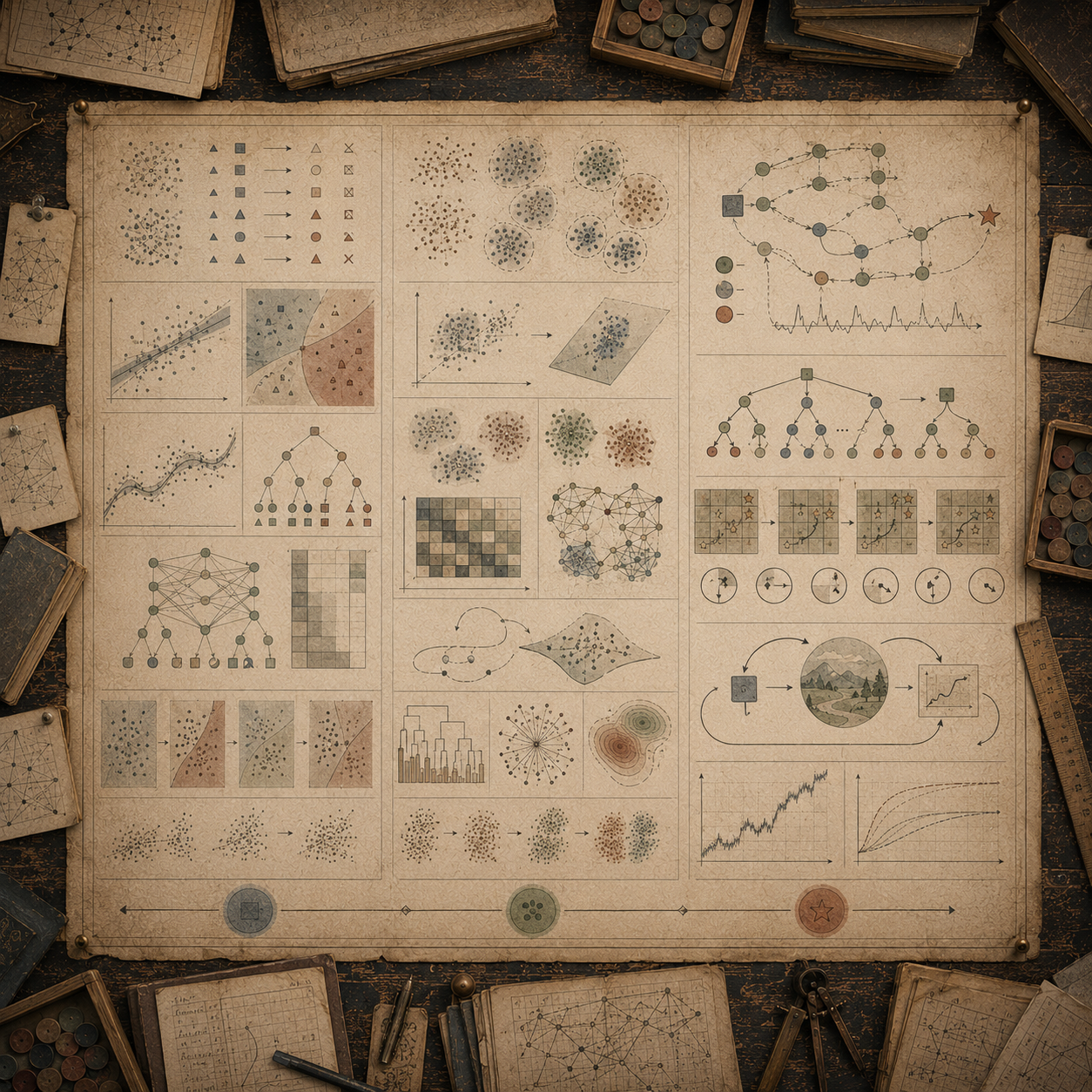 A restrained scholarly illustration of a vintage machine-learning study chart with labeled-looking but unreadable panels showing classification, clustering, reward pathways, decision trees, graphs, prediction curves, notebooks, rulers, and symbolic tokens representing supervised, unsupervised, and reinforcement learning.
