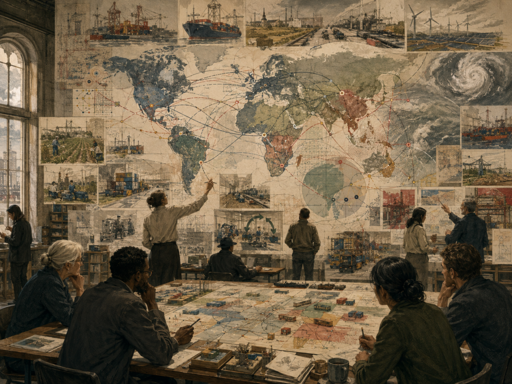 Researchers map global supply chain futures across ports, shipping routes, rail systems, agriculture, manufacturing, energy infrastructure, and climate risk.