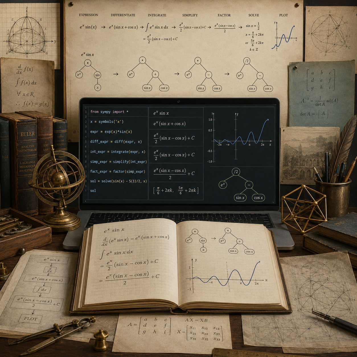 Editorial mathematical illustration of symbolic calculus and model inspection for systems modeling, showing exact equations, derivatives, integrals, limits, Jacobians, expression trees, simplification paths, assumption notes, notebooks, audit trails, and model review materials.