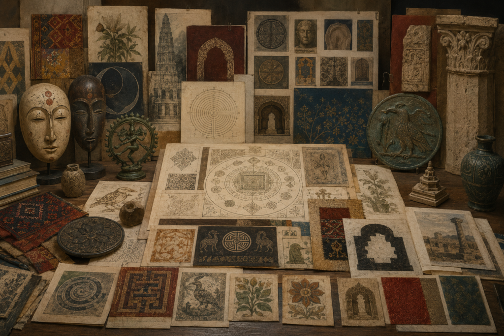 Scholarly archival research table with symbolic objects, masks, textile motifs, ritual patterns, public emblems, monument fragments, cultural artifacts, animal and plant motifs, labyrinth forms, and interpretive diagrams representing symbolism, style, and cultural meaning.