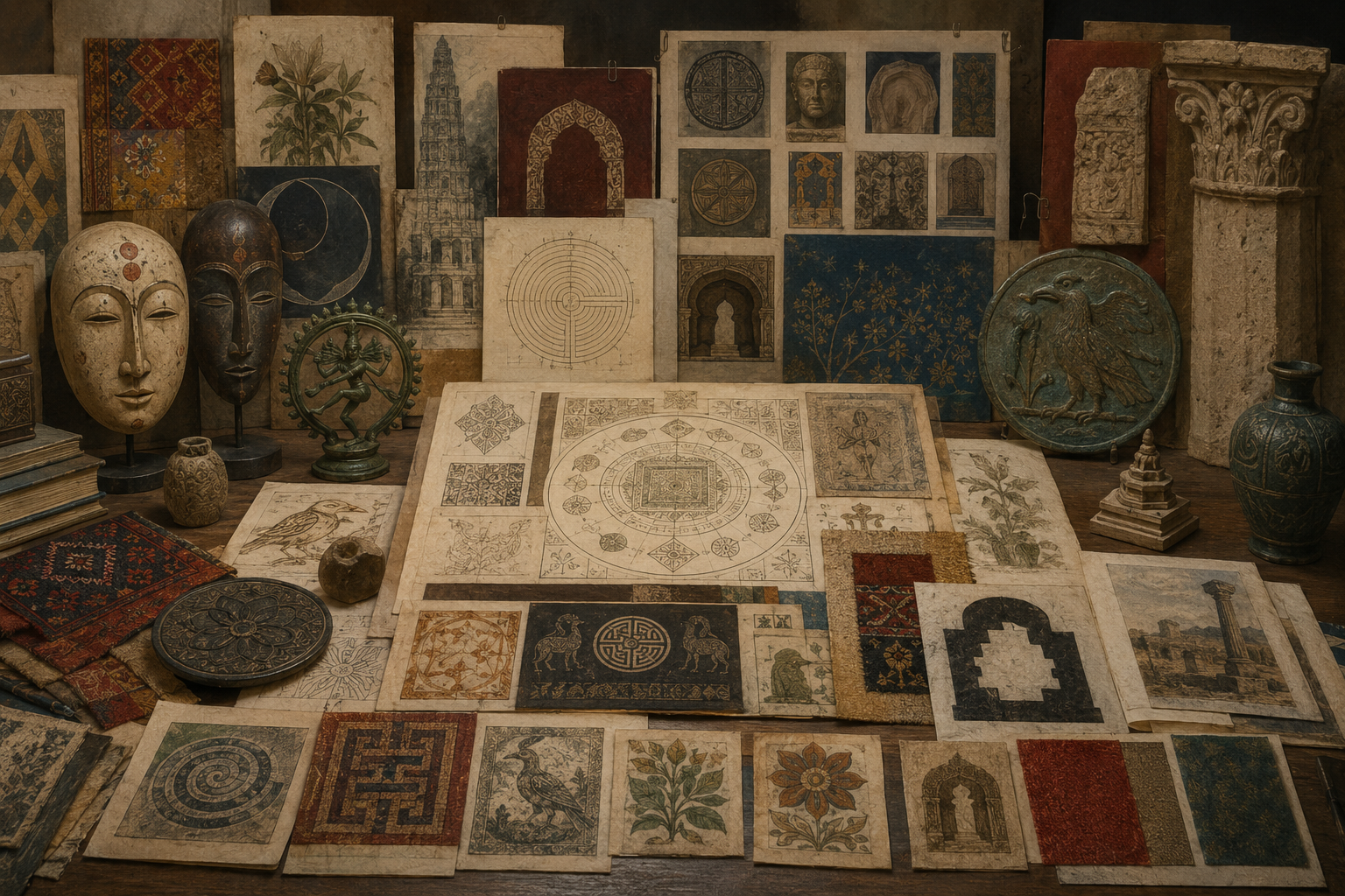 Scholarly archival research table with symbolic objects, masks, textile motifs, ritual patterns, public emblems, monument fragments, cultural artifacts, animal and plant motifs, labyrinth forms, and interpretive diagrams representing symbolism, style, and cultural meaning.