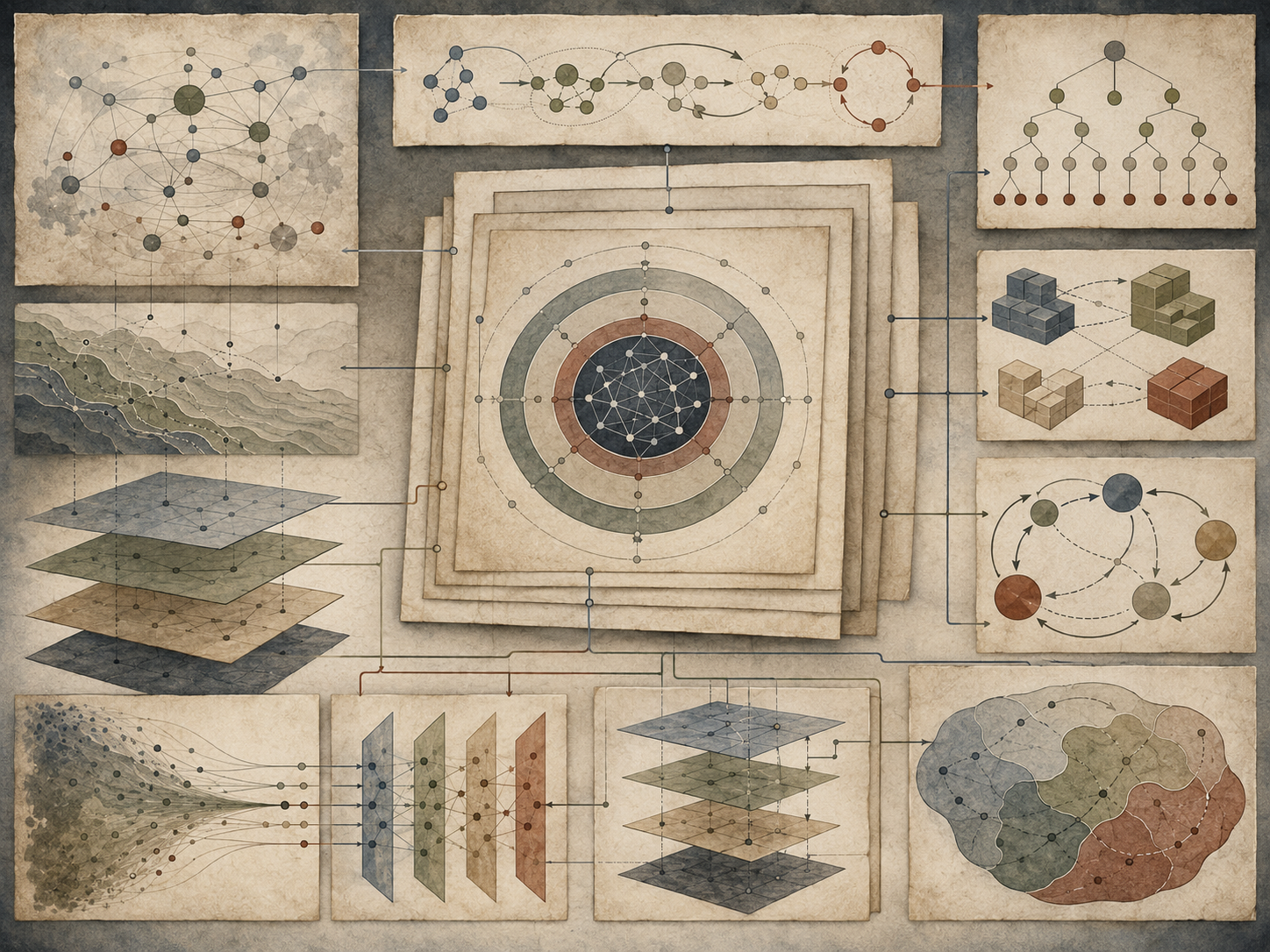 Abstract institutional illustration of systems explanation frameworks with layered diagrams, feedback loops, network maps, hierarchy trees, process flows, and connected model panels.