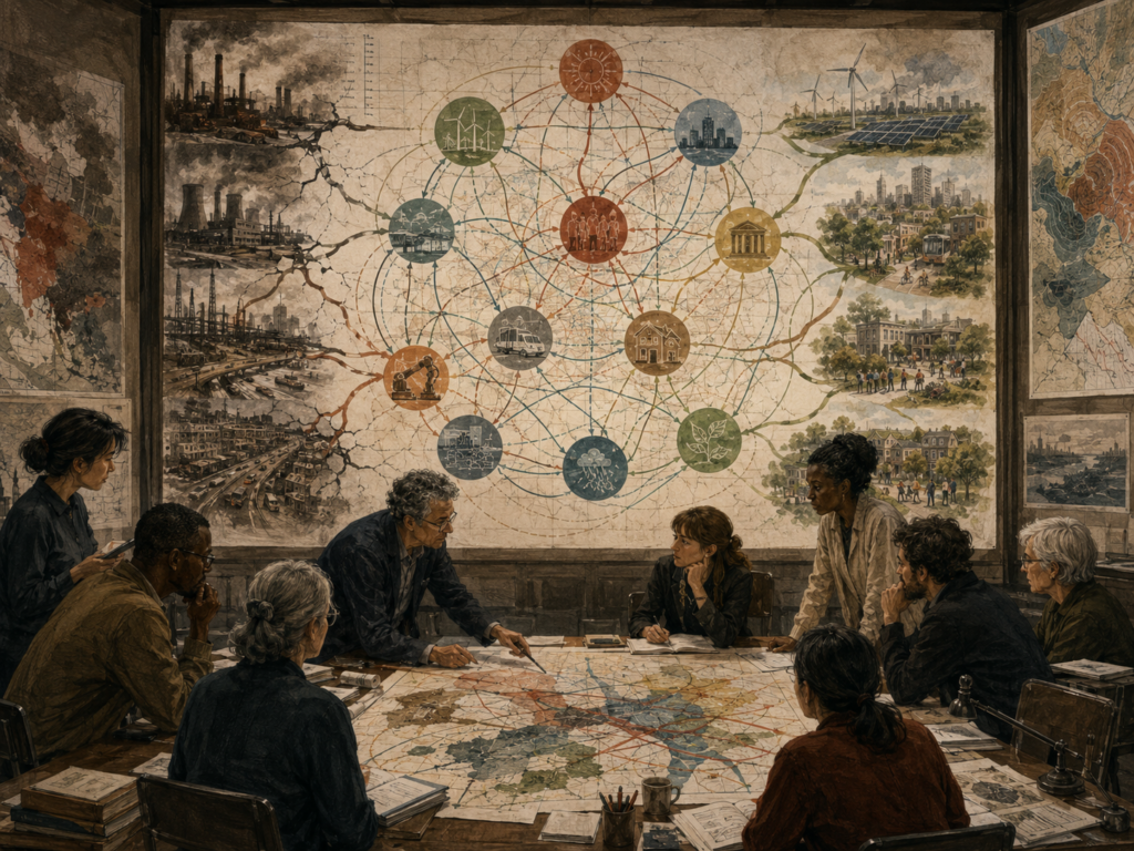 A diverse foresight group studies structural change across industrial decline, renewable systems, public institutions, communities, and ecological transition.