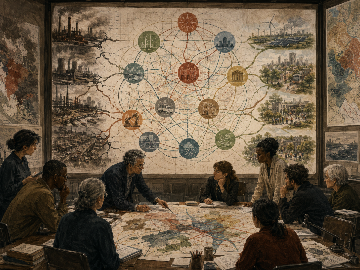A diverse foresight group studies structural change across industrial decline, renewable systems, public institutions, communities, and ecological transition.