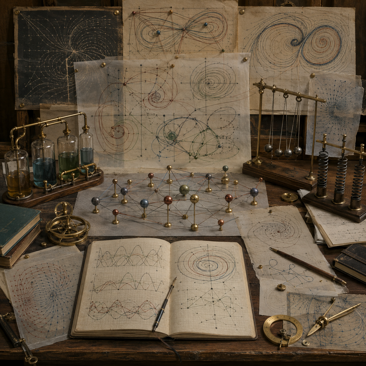 Editorial mathematical illustration of systems of differential equations in systems modeling, showing coupled state variables, interacting trajectories, phase planes, feedback loops, matrix structures, notebooks, overlays, grids, and computational modeling materials.