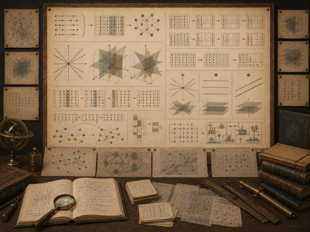 Vintage mathematical workspace with intersecting lines and planes, coefficient matrices, elimination sequences, solution cases, networks, and systems diagrams.