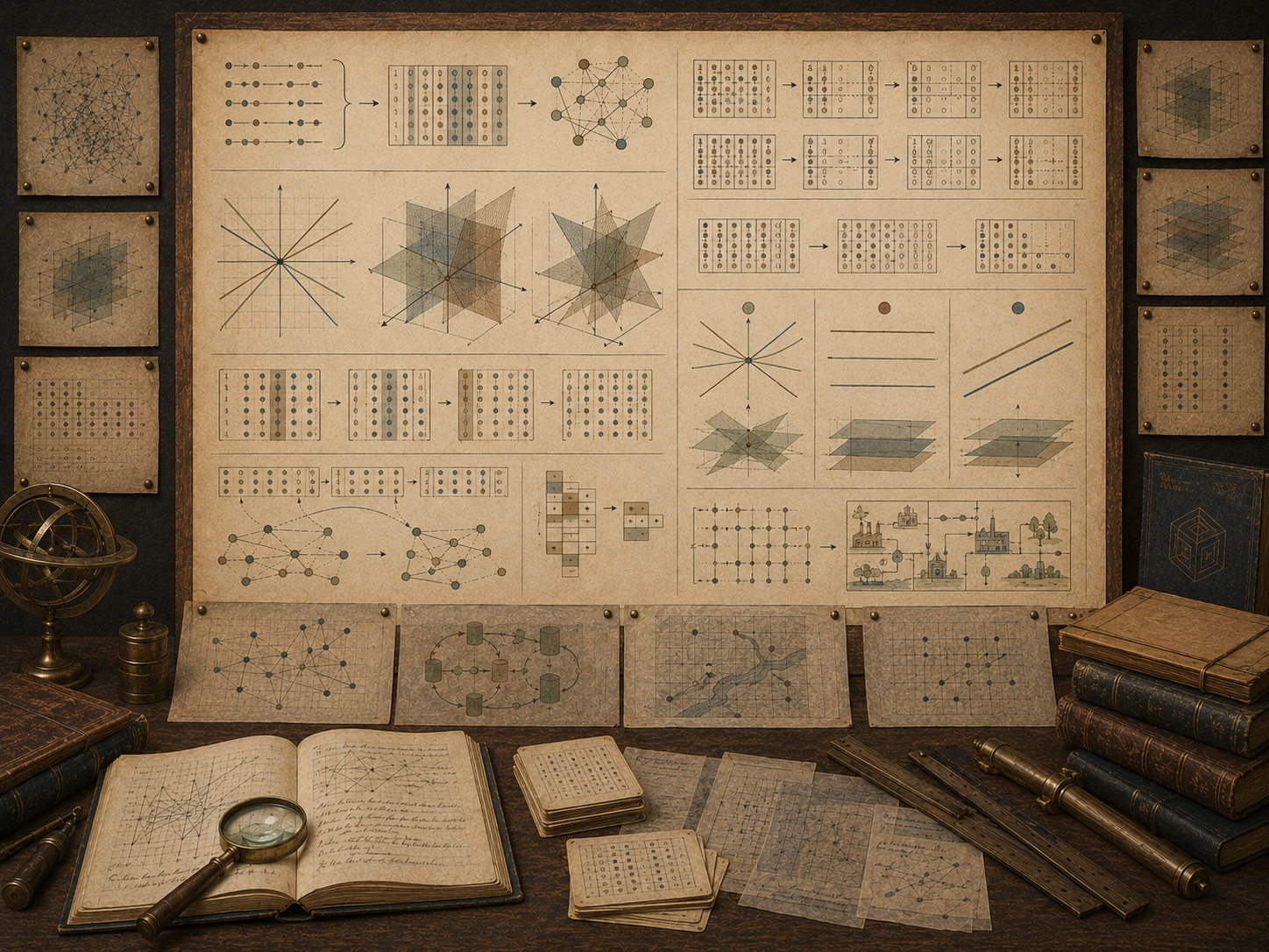 Vintage mathematical workspace with intersecting lines and planes, coefficient matrices, elimination sequences, solution cases, networks, and systems diagrams.