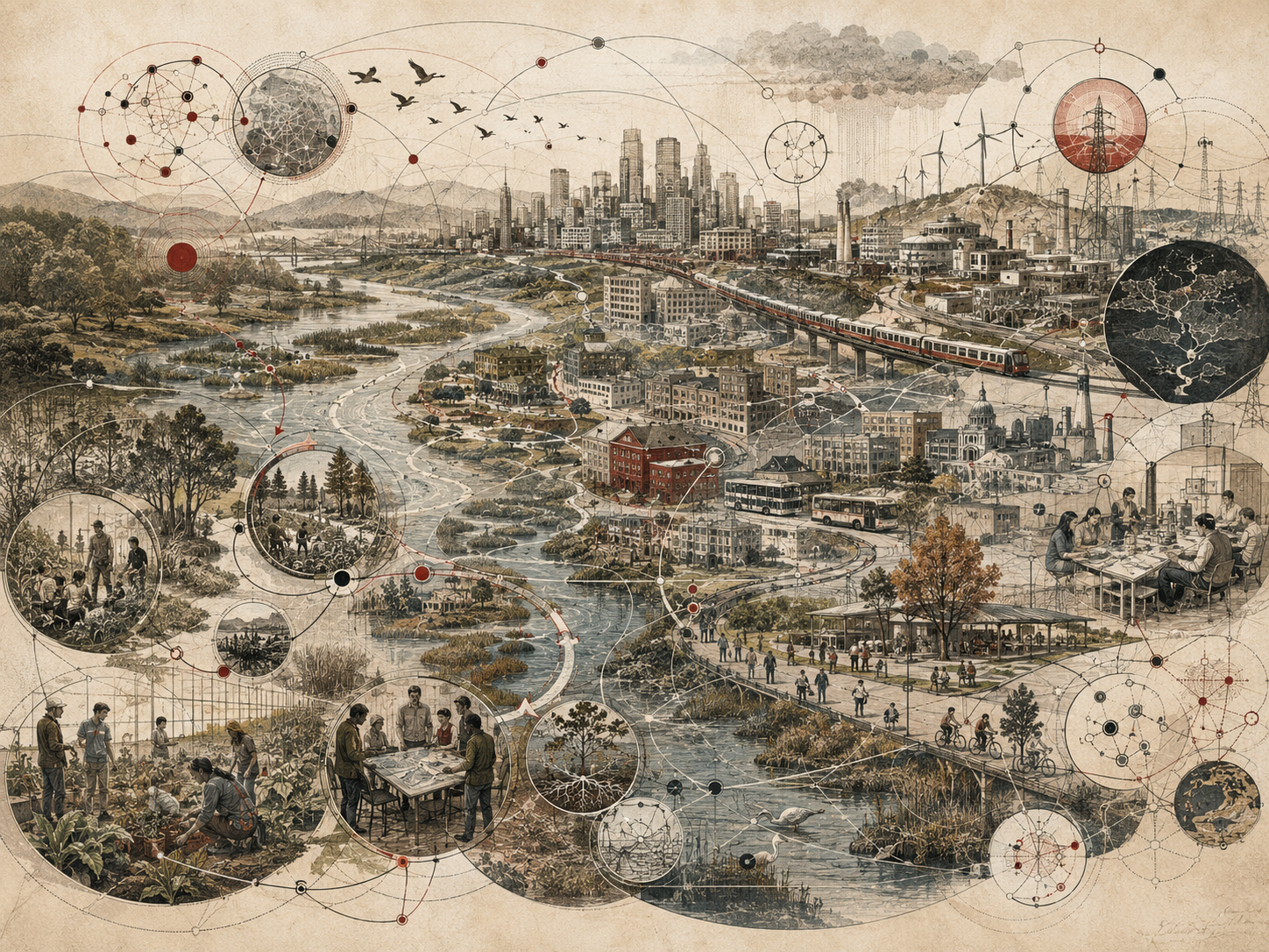 Scholarly systems-thinking illustration of an interconnected urban, ecological, technological, and civic landscape with rivers, wetlands, transit, energy systems, communities, laboratories, and network overlays.