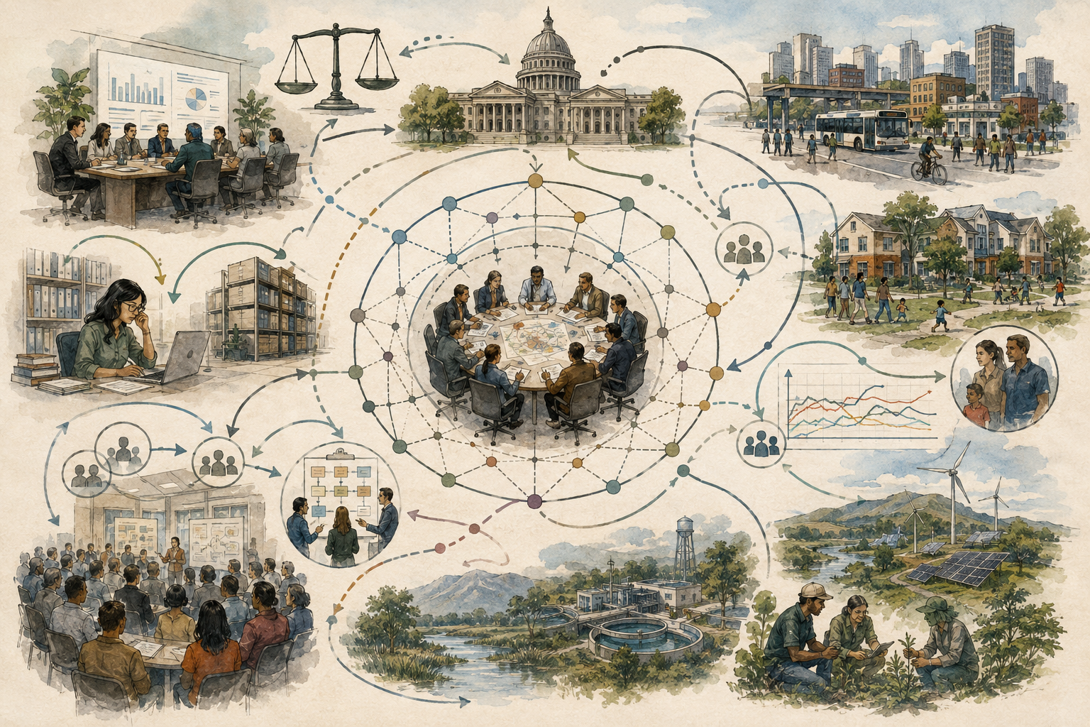 Editorial illustration of public policy as an interconnected system, showing civic institutions, community meetings, transit, housing, public services, environmental restoration, data analysis, and feedback pathways.