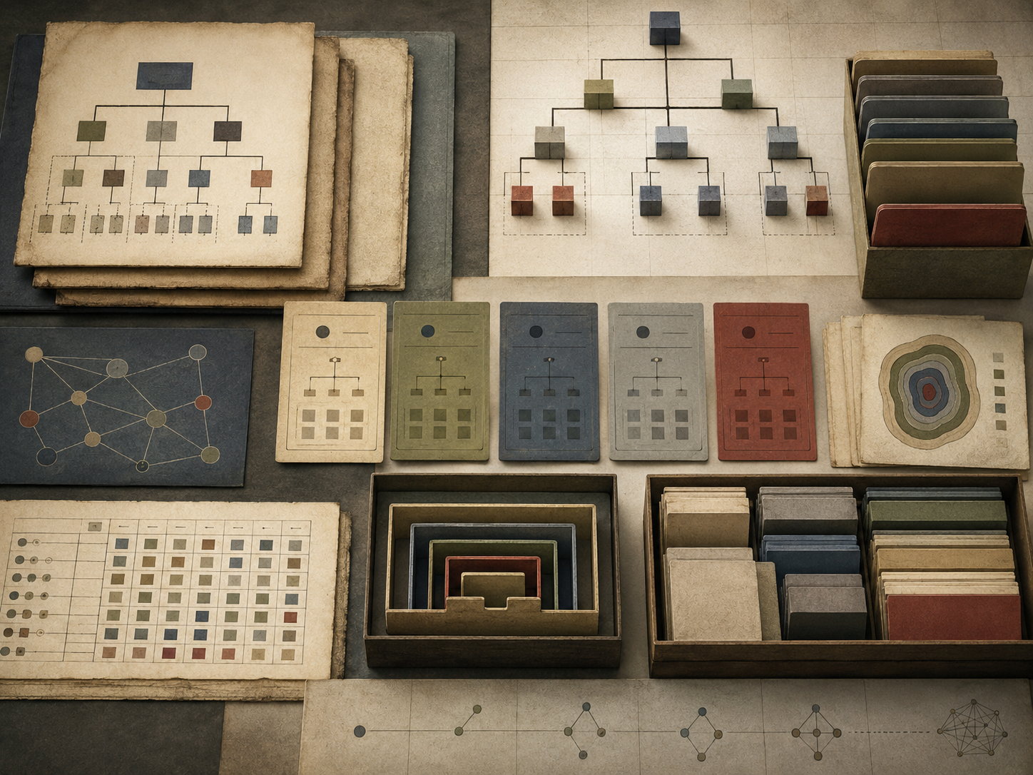 Abstract institutional illustration of organized folders, category cards, hierarchy charts, classification matrices, and knowledge diagrams representing taxonomy design for content frameworks.