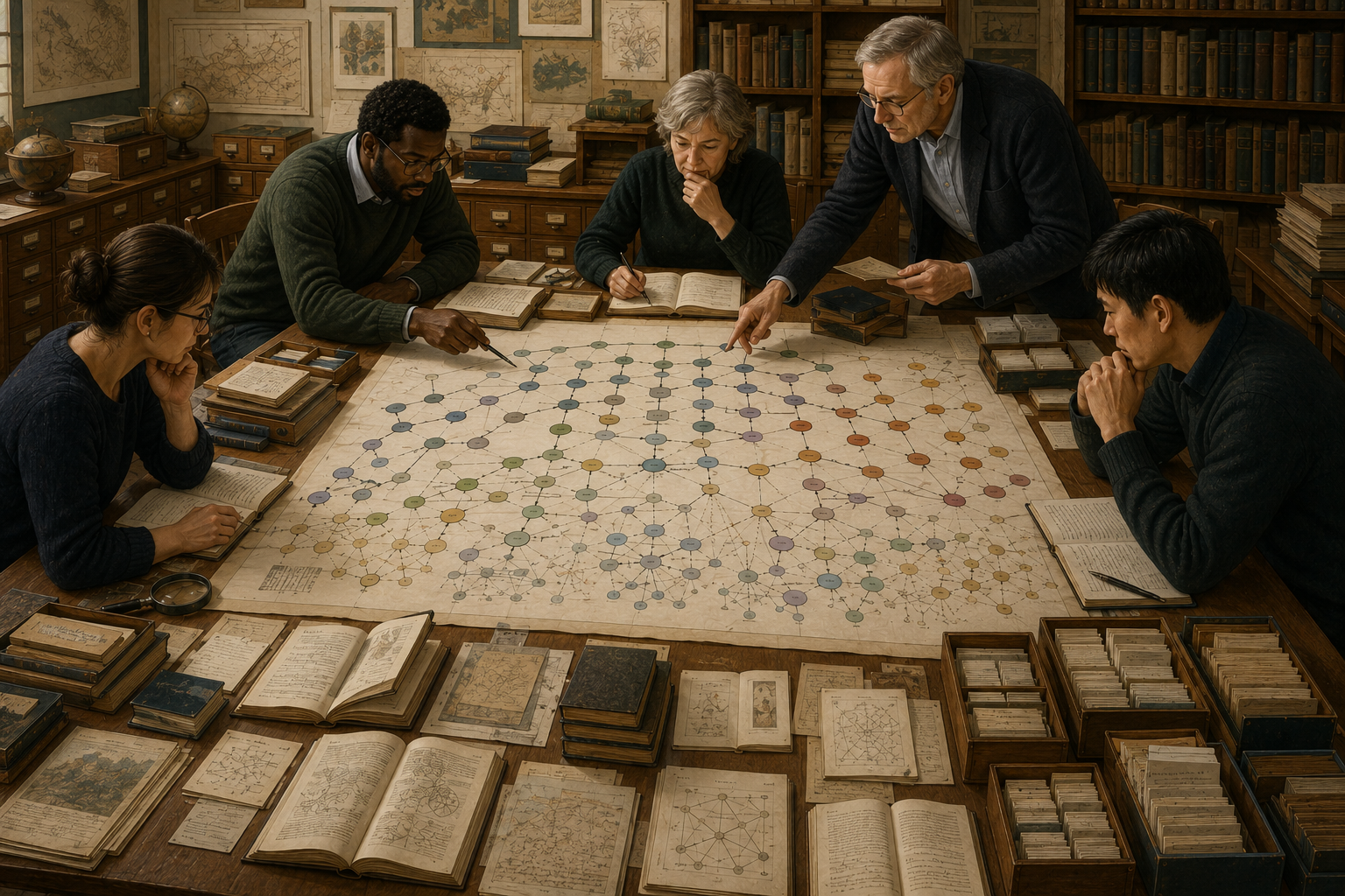 Researchers organize a large taxonomy map of strategic ideas using connected nodes, archival materials, books, notebooks, and structured classification systems.