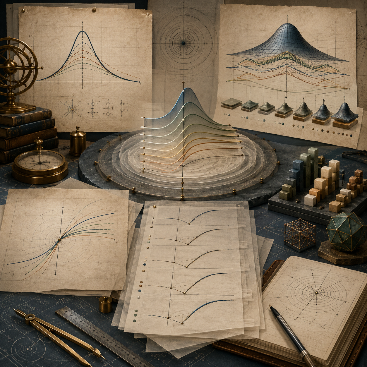 Vintage mathematical modeling workspace with layered curve approximations, central expansion diagrams, surface models, stacked blocks, notebooks, geometric forms, and drafting tools representing Taylor and Maclaurin series.