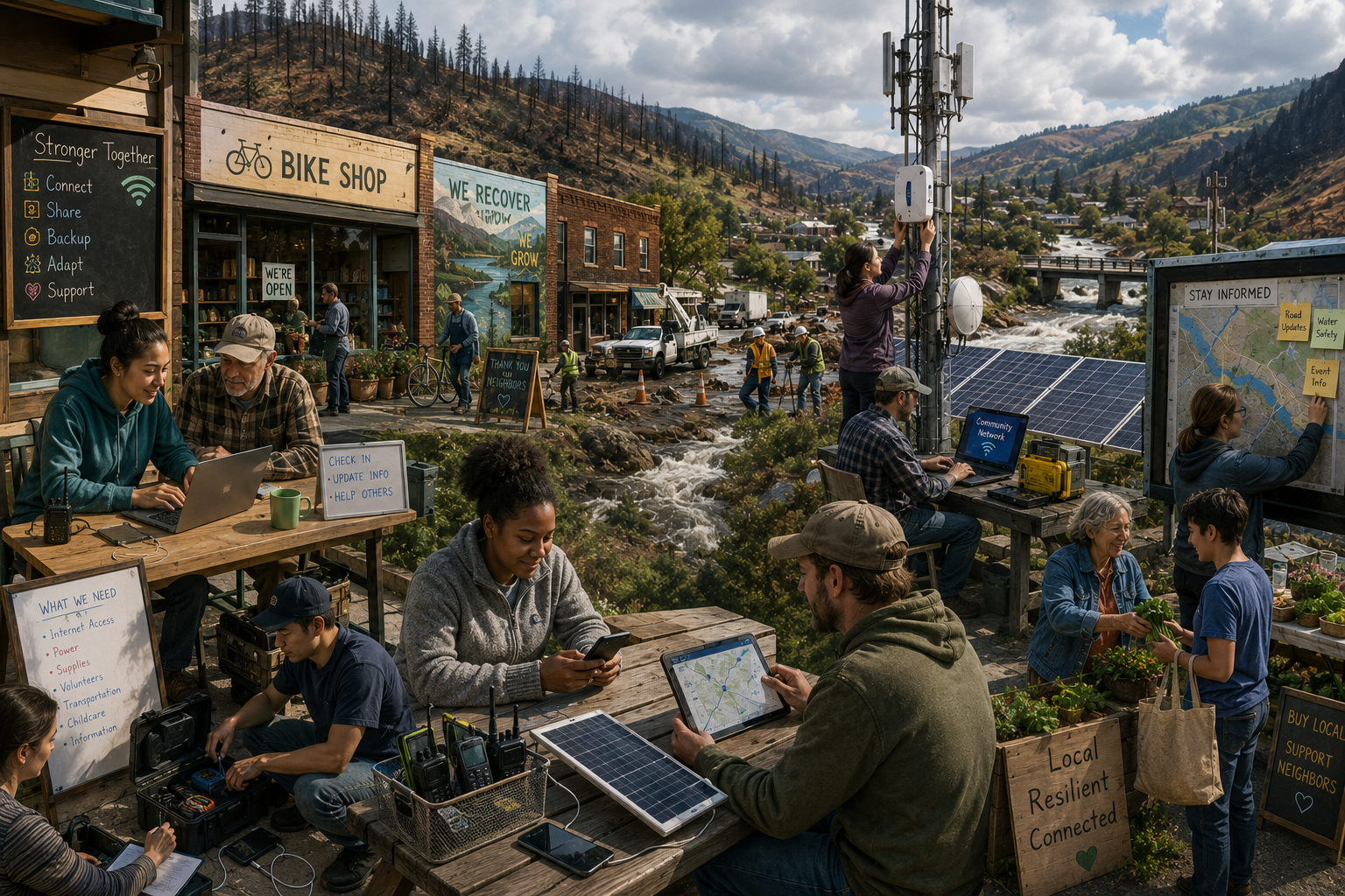 Community-centered illustration of local technology resilience with residents using solar power, radios, laptops, network equipment, repair crews, and communication infrastructure after disruption.