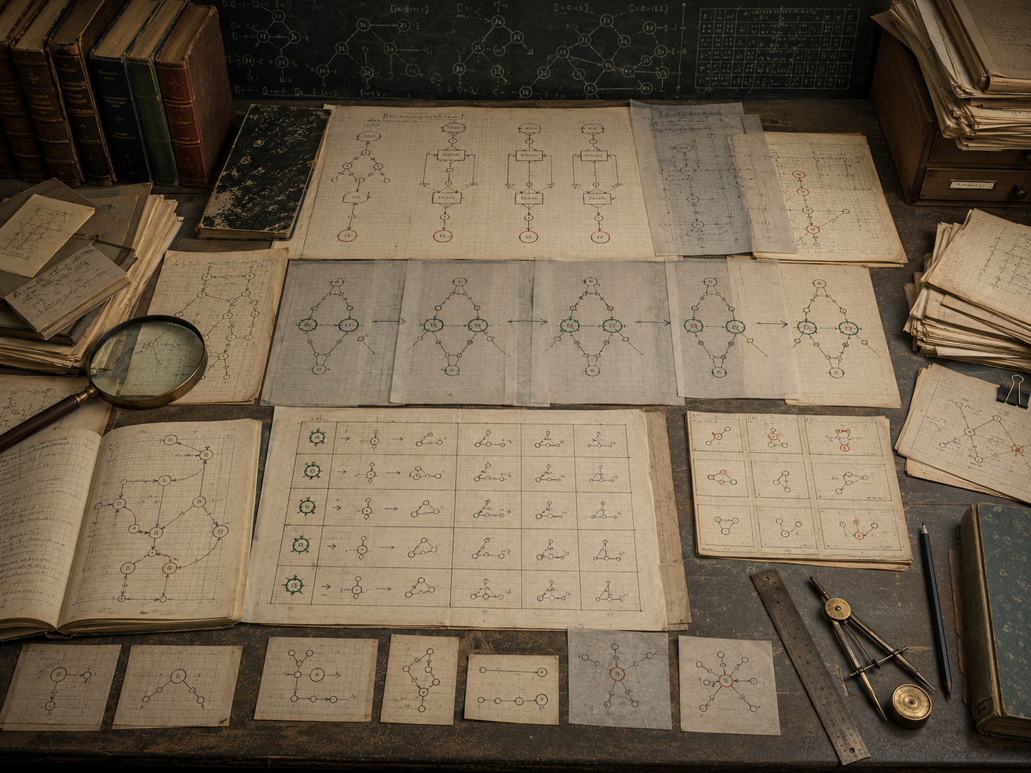 A restrained scholarly illustration of a cluttered research desk covered with state diagrams, repeated structures, verification grids, marked terminal nodes, edge-case sketches, notebooks, rulers, and drafting tools representing termination, invariants, and edge cases.