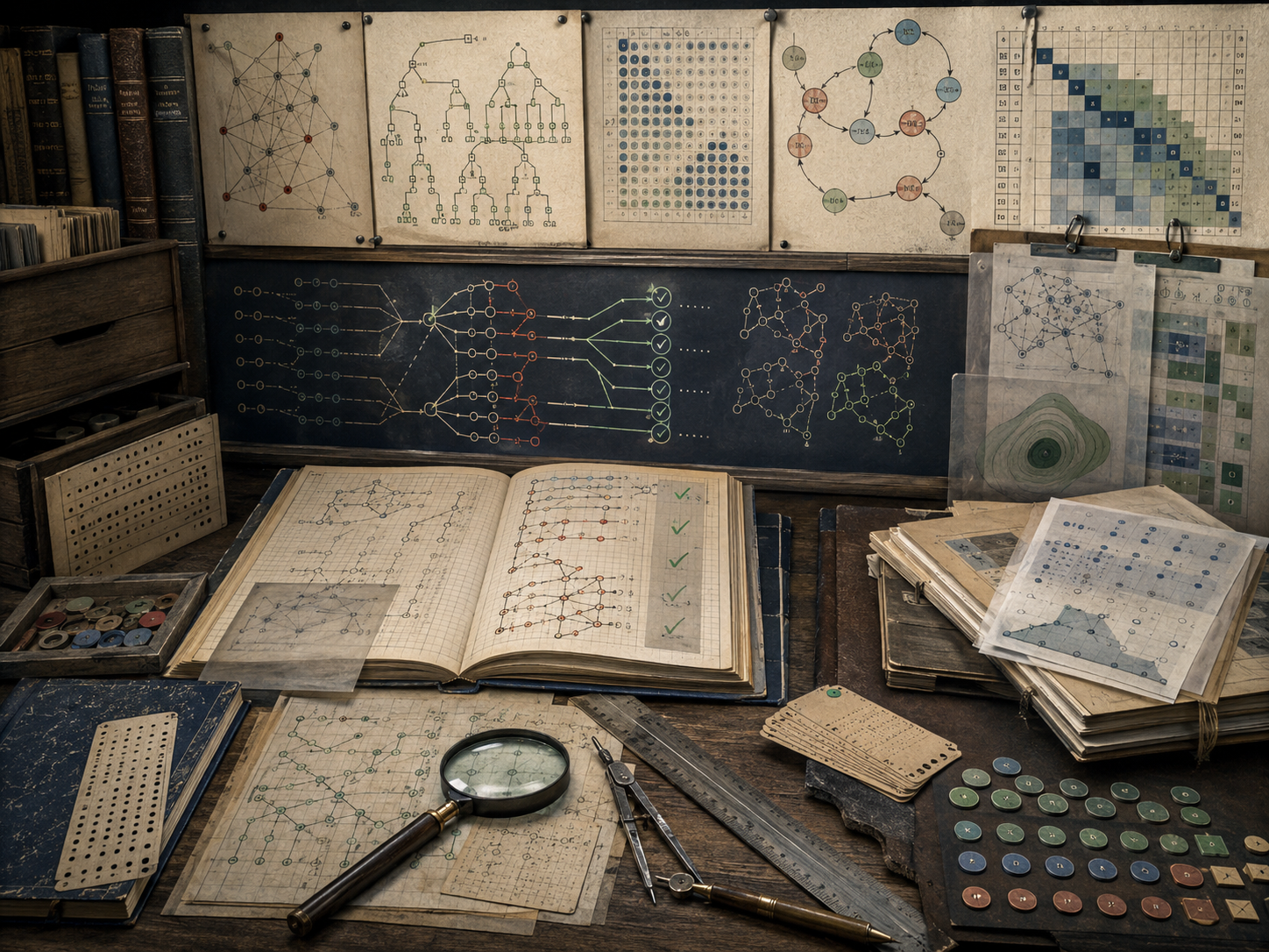 A restrained scholarly illustration of a vintage analytical workspace with verification pathways, test grids, checked conditions, state diagrams, notebooks, punched cards, rulers, and archival tools representing testing and computational reliability.