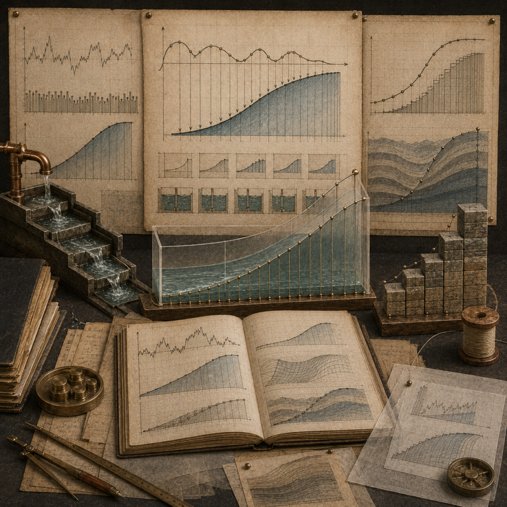 Archival systems modeling workspace with shaded accumulation graphs, flowing water, rising cumulative forms, notebooks, transparent overlays, stacked blocks, and drafting tools representing the Fundamental Theorem of Calculus.