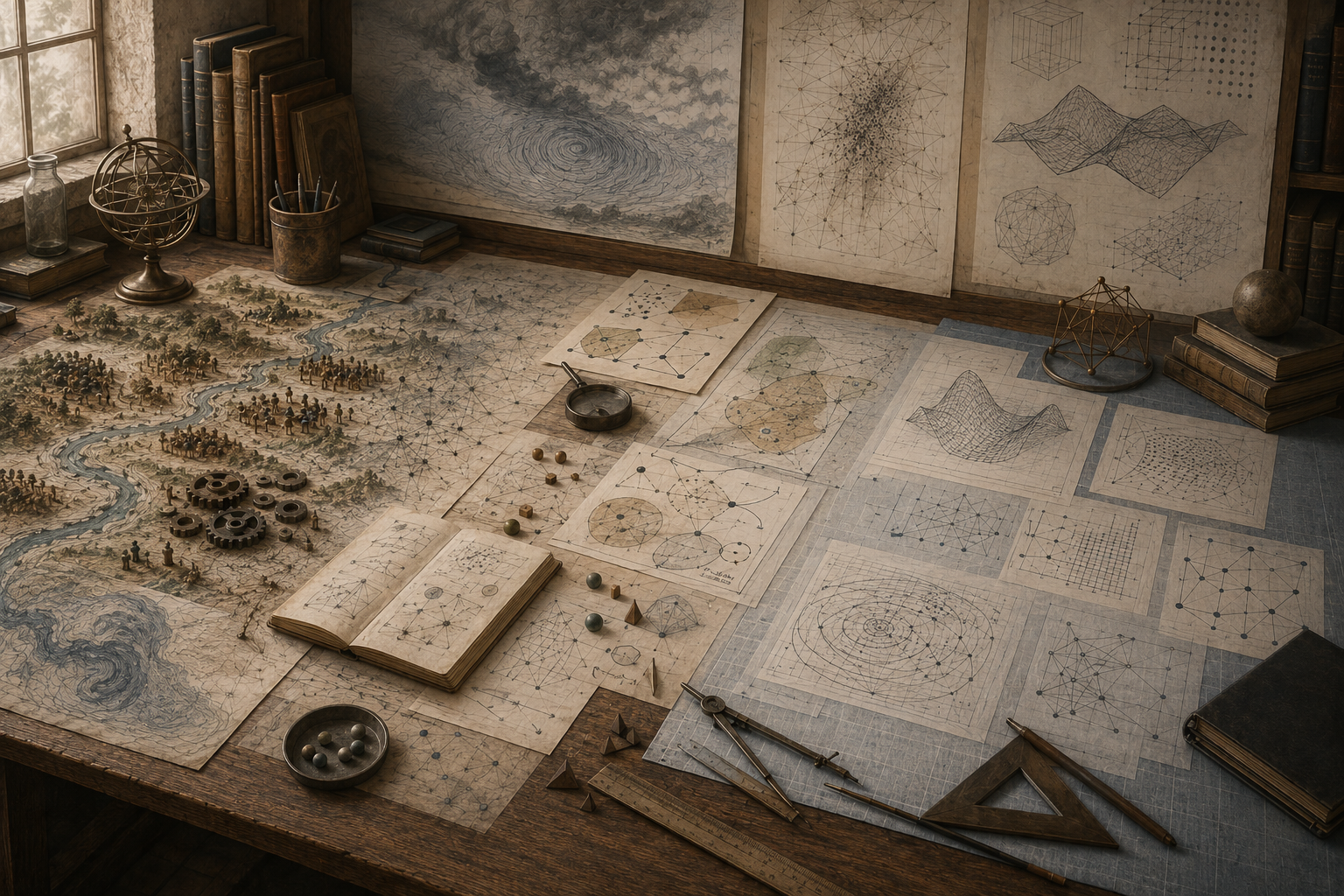 Editorial illustration of a scholarly worktable showing the modeling process as real-world landscapes, populations, and mechanisms are transformed into formal diagrams, networks, and geometric representations.
