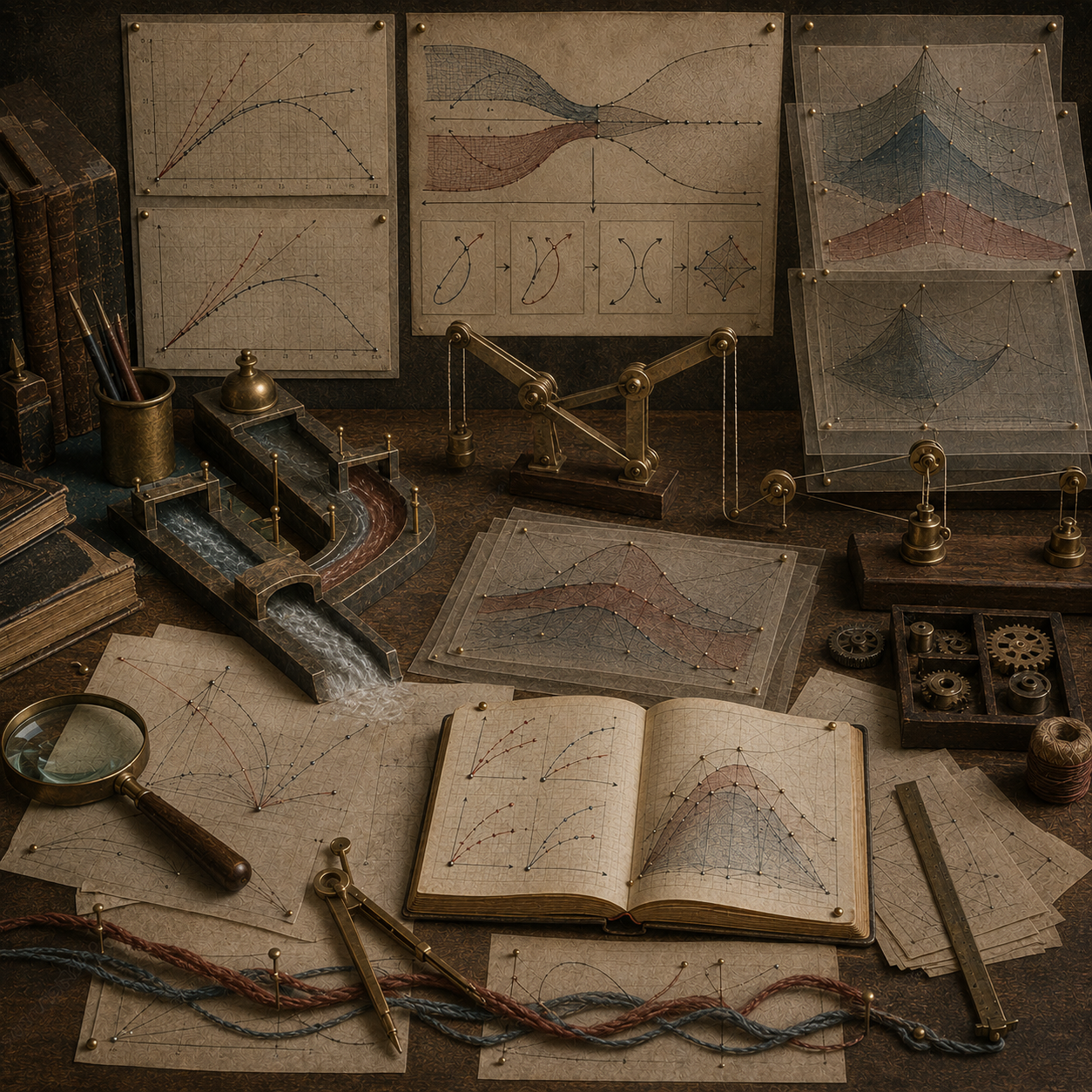 Vintage mathematical modeling workspace with paired curves, layered surface diagrams, interwoven strands, flowing channels, mechanical linkages, notebooks, and drafting tools representing the product rule and interaction effects.