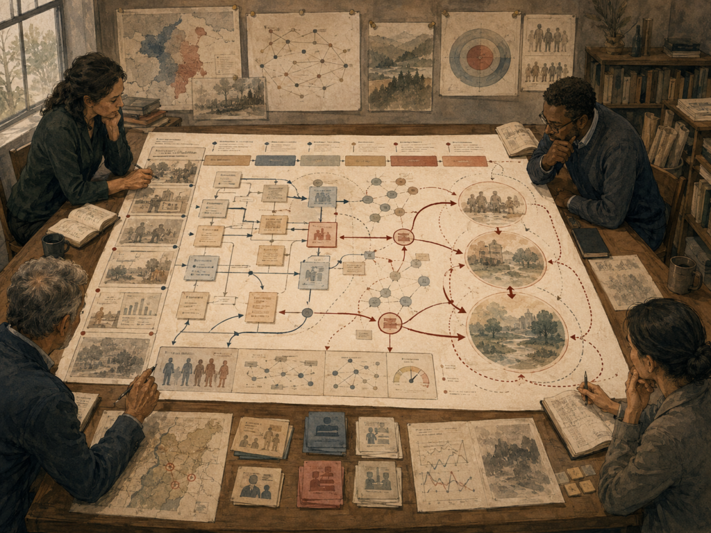 Researchers study a theory of change map with causal pathways, intervention points, stakeholder relationships, assumptions, feedback loops, and layered outcomes.