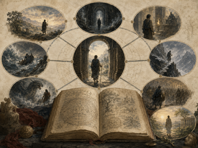 Editorial illustration of an open manuscript surrounded by connected scenes of threshold crossing, storm, cave passage, confrontation, mountain ascent, battle, and transformation.
