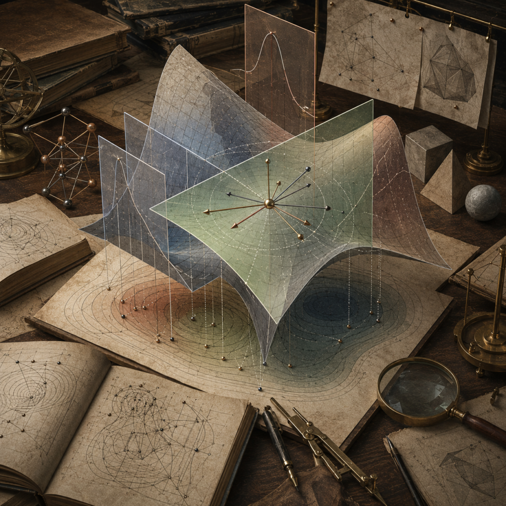 Editorial mathematical illustration of total differentials and local approximation in higher dimensions, showing tangent planes, multivariable surfaces, gradient arrows, small perturbation vectors, local neighborhoods, notebooks, contour maps, and computational modeling materials.