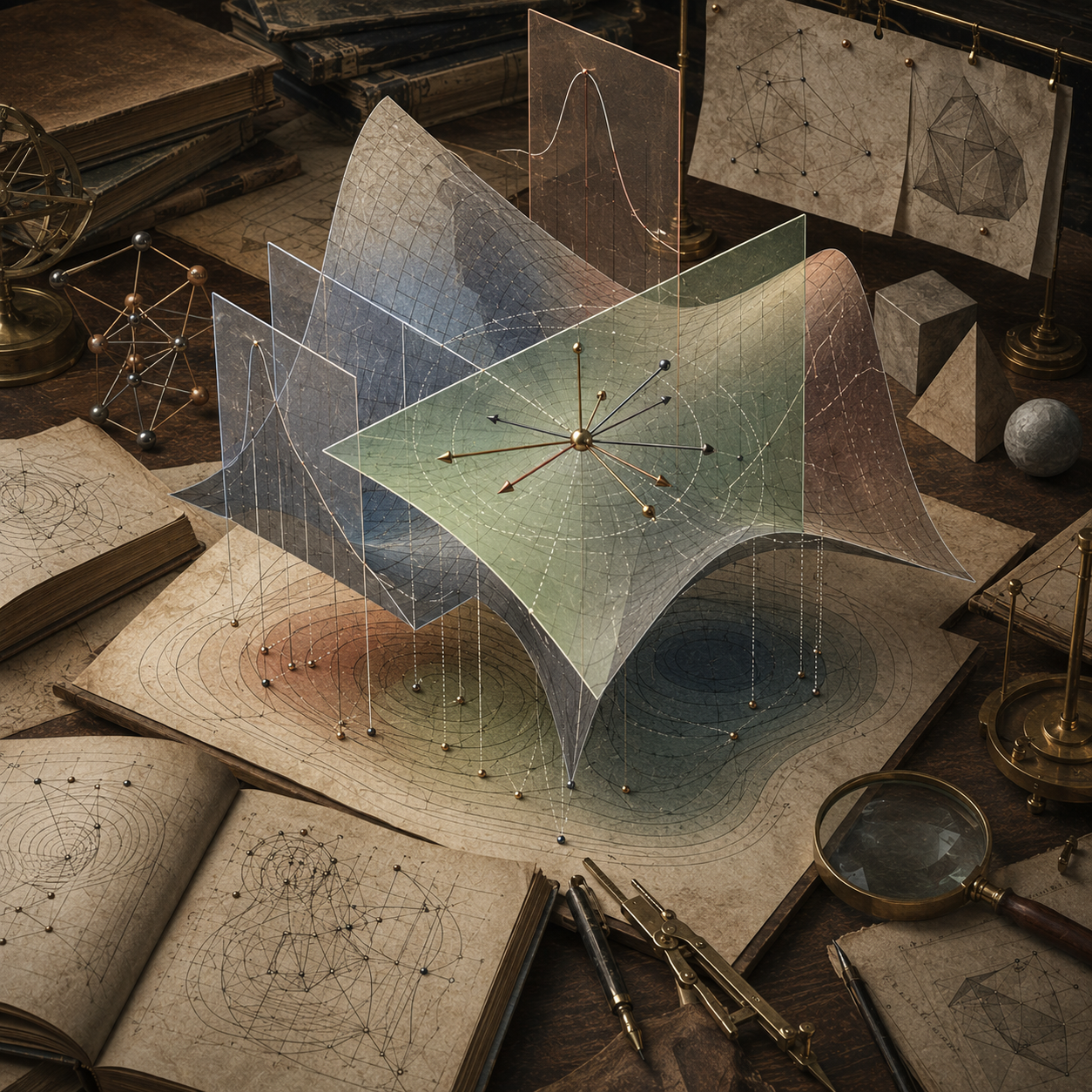 Editorial mathematical illustration of total differentials and local approximation in higher dimensions, showing tangent planes, multivariable surfaces, gradient arrows, small perturbation vectors, local neighborhoods, notebooks, contour maps, and computational modeling materials.