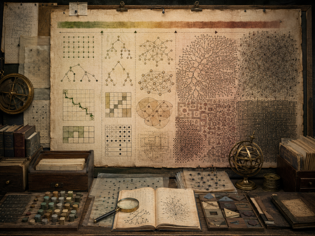 A restrained scholarly illustration of a vintage research workspace with diagrams progressing from simple grids and paths to dense networks, tangled mazes, branching trees, crowded matrices, notebooks, and archival tools representing tractability and hard computational problems.