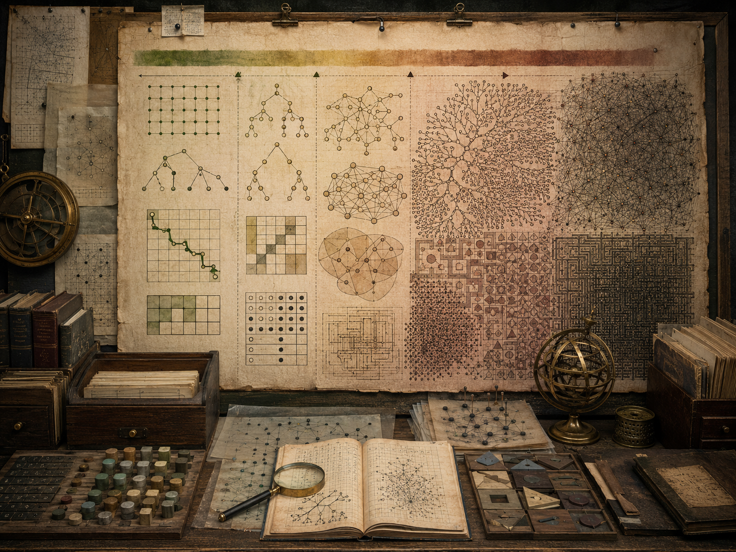 A restrained scholarly illustration of a vintage research workspace with diagrams progressing from simple grids and paths to dense networks, tangled mazes, branching trees, crowded matrices, notebooks, and archival tools representing tractability and hard computational problems.