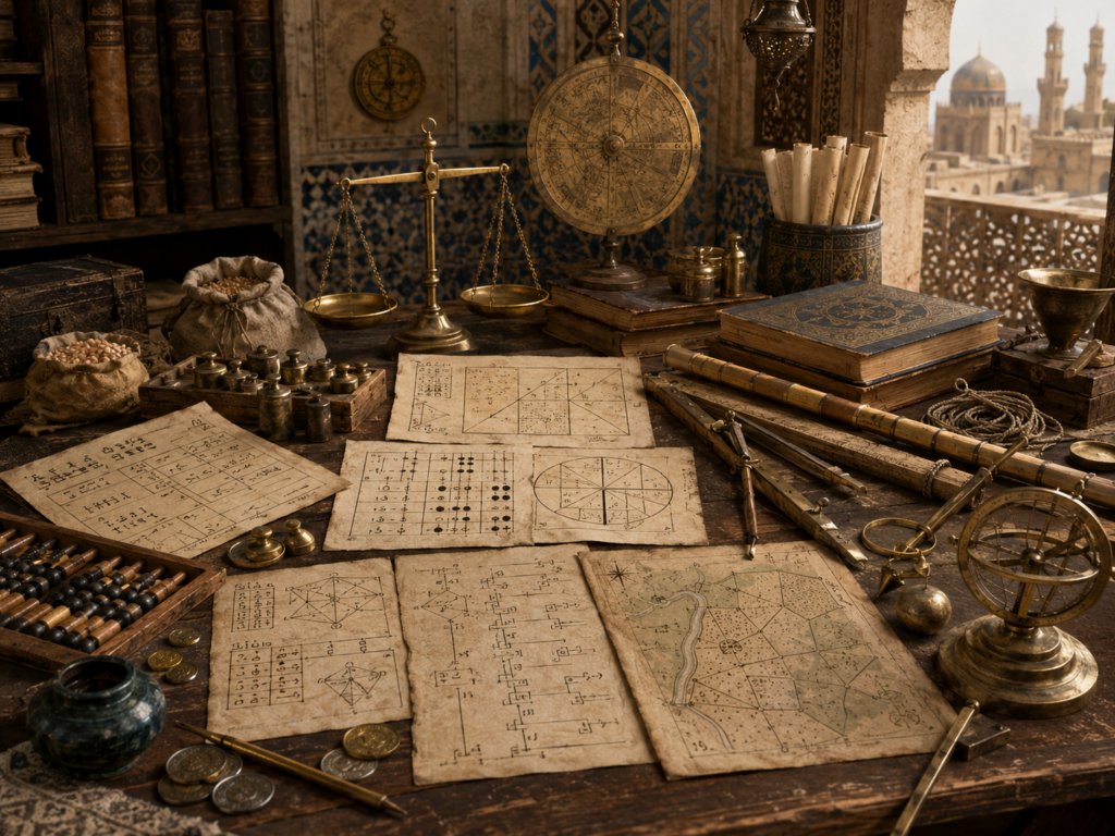 A restrained scholarly illustration of a medieval Islamic study with trade goods, inheritance-like division diagrams, surveying maps, calculation tables, scales, manuscripts, measuring tools, and astronomical instruments representing practical calculation.